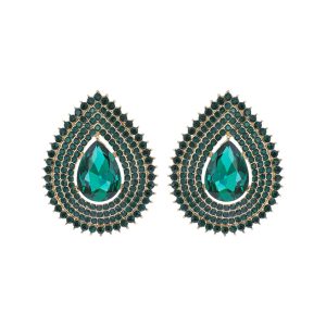 Green Tri-Halo Teardrop Stud Earrings